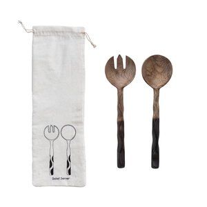 Natural & Espresso Mango Wood Salad Server Set with Drawstring Bag/NWT